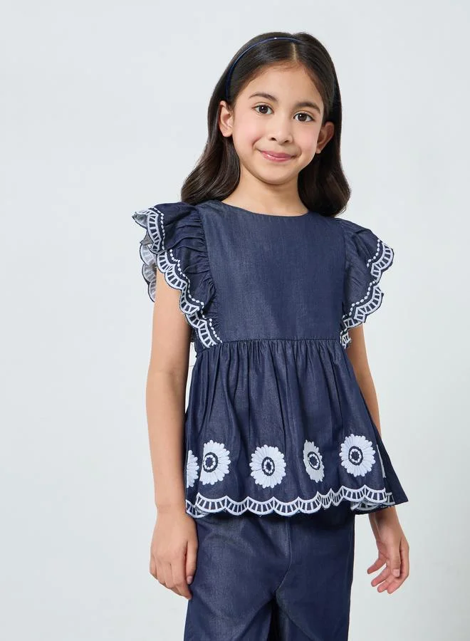 Styli Girls Denim Embroidered Top and Pants Set